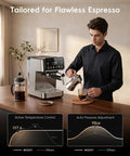 Kickstart Your Grind With This Game Changing Two In One Espresso And Drip Coffee Maker Featuring A Built In Milk Frother And Smart Touchscreen For Flawless Coffee Shop Sips on wooden counter with a user pouring coffee.