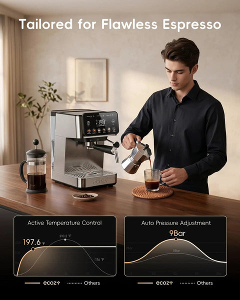 Kickstart Your Grind With This Game Changing Two In One Espresso And Drip Coffee Maker Featuring A Built In Milk Frother And Smart Touchscreen For Flawless Coffee Shop Sips on wooden counter with a user pouring coffee.