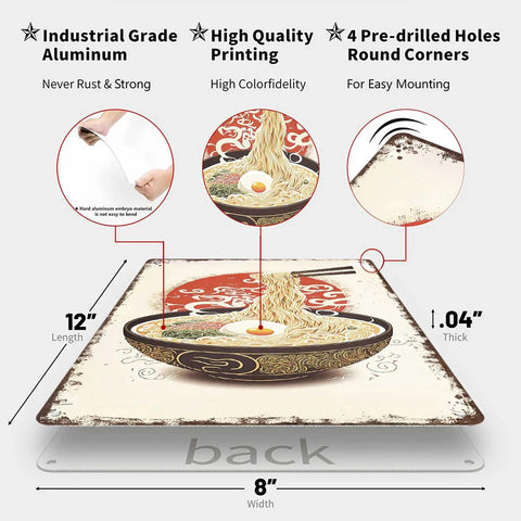 Industrial grade Old School Vintage Metal Sign With Ramen And Egg Theme, features high quality printing, 8x12 inch dimensions