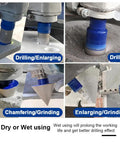 Diamond Drill Core Bit Hole Saw Kit With Hollow EVA Guide Jig in use for chamfering, grinding, drilling on tile and granite surfaces