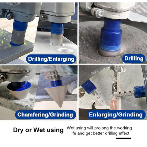 Diamond Drill Core Bit Hole Saw Kit With Hollow EVA Guide Jig in use for chamfering, grinding, drilling on tile and granite surfaces