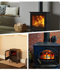Three wood stoves collage: black freestanding stove with glass door; compact stove with open door; ornate cast‑iron stove with arched window.