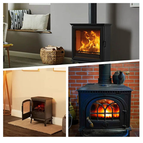 Three wood stoves collage: black freestanding stove with glass door; compact stove with open door; ornate cast‑iron stove with arched window.