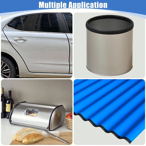 Rubber edge trim, EPDM, self-adhesive; 1/16 in x 10 ft, black; collage shows car door edge, bread box, blue roofing panel.