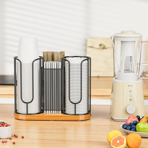 Cup And Lids Holder With Wooden Base For Disposable Cups Straws Organizer And Dispenser On Countertop Coffee Station Bar