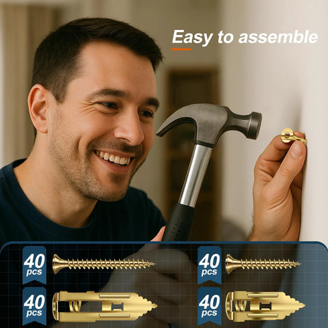 Man using Self Drilling Drywall Anchors With Screws Set 160 Pcs Dual Size 0.47x1.18 In Light Duty And 0.47x1.57 In Heavy Duty