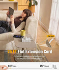 25Ft Heavy Duty Extension Cord With Flat Plug Surge Protector Featuring Six Power Outlets Dual Usb C And Dual Usb A Ports Delivering Pd20W Fast Charge being used while relaxing on a couch.