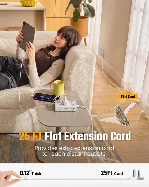 25Ft Heavy Duty Extension Cord With Flat Plug Surge Protector Featuring Six Power Outlets Dual Usb C And Dual Usb A Ports Delivering Pd20W Fast Charge being used while relaxing on a couch.