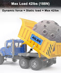 Mini 12V electric linear actuator with 4in stroke and 42lb load, mounted on yellow dump truck bed (blue cab)