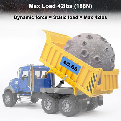 Mini 12V electric linear actuator with 4in stroke and 42lb load, mounted on yellow dump truck bed (blue cab)