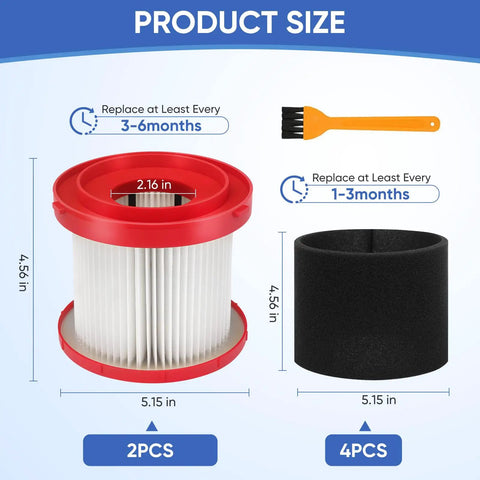 Two Pack 49-90-1900 Wet Dry Vacuum Filter Kit For Cordless M18 Vac 0780-20 0880-20 with size details and cleaning brush