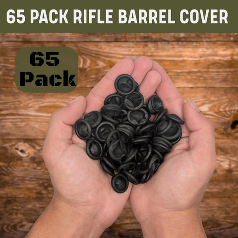 Hands holding 65 pack of black All Weather Rifle Barrel Cover For Most Guns Muzzle Protection Keeps Your Rifle Clean And Ready Fits Bolt Action Muzzleloader Shotgun And More Durable Gun Barrel Shield That Reduces Malfunctions And Weatherproofs Your Muzzle