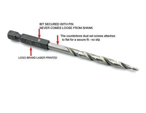Number Eight Wood Countersink Drill Bit Pro Grade Three Piece Kit With Adjustable Depth Guide showing secured bit with laser printed logo.