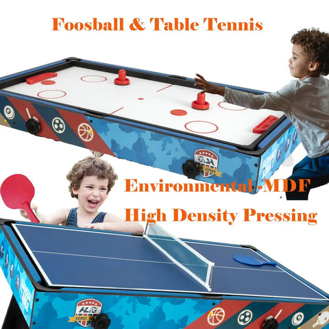 Four Foot All In One Game Table With Pool Billiards Air Hockey Soccer Foosball Table Tennis And Basketball Slam Dunk Station kids playing foosball and table tennis