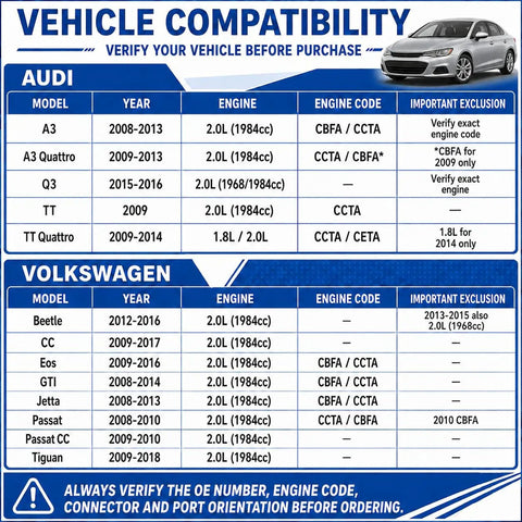 Table detailing vehicle compatibility for Sweet Ride Smooth Cruisin Slick Aux Cooling Water Pump With Plug Direct Fit For Audi A3 A4 TT Q3 And VW Golf GTI Jetta Passat Tiguan Beetle 1.8L 2.0L.