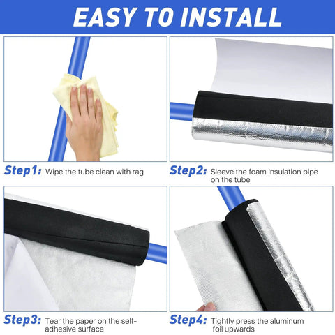 Installation steps of self adhesive 1 inch pipe insulation foam wrap with aluminum foil on copper pipe.