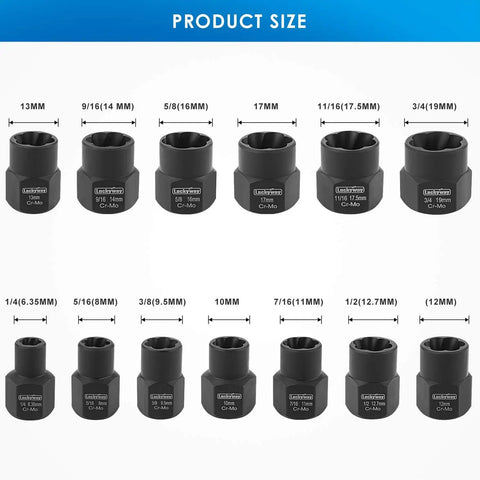 13 Piece Impact Bolt And Nut Remover Kit With Nut Extractor Sockets showing various sizes from 1/4 to 3/4 inch drive.