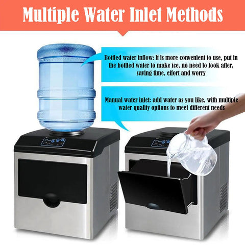 Game Changing Countertop Ice Maker That Cools Drinks Fast With Soft Chewy Nugget Ice Portable Slim Design showing water inlet methods.