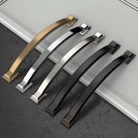 10 Pack 4 Inch Brushed Satin Nickel Cabinet Handles And Pulls For Kitchen Cabinets And Cupboards shown in different metallic finishes.