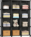 12 Cube Modular Closet Organizer With Rubber Mallet No Fuss Assembly, black shelves filled with folded clothes and boxes in kids room.