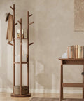 Solid Wood Rotary Coat Rack With 3 Shelves And 9 Hooks Freestanding Coat Tree For Bedroom Entryway And Living Room Space Saving Rotating Stand For Coats Scarves And Handbags Walnut Finish shown in a corner