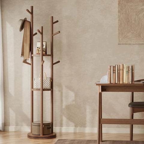 Solid Wood Rotary Coat Rack With 3 Shelves And 9 Hooks Freestanding Coat Tree For Bedroom Entryway And Living Room Space Saving Rotating Stand For Coats Scarves And Handbags Walnut Finish shown in a corner