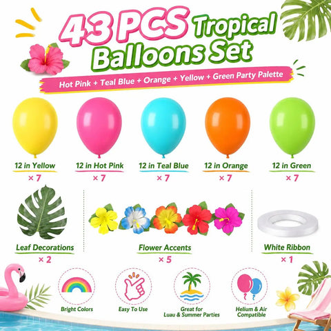 Colorful Tropical Balloons Pack 12 Inch Set With Jungle Leaves And Floral Accents For Birthday Parties Baby Showers Luaus