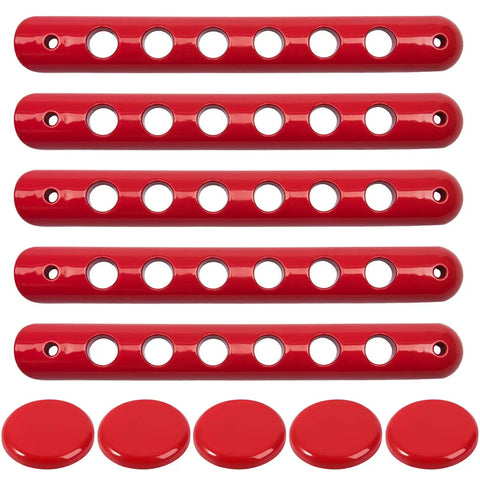 Red Aluminum Grab Handle Inserts And Push Button Knob Covers Trim For Jeep Wrangler JK JKU Sahara Rubicon Unlimited 2007 To 2018 Exterior Door Handle Decor Upgrade For A Boss Look, showing five handle inserts and five button covers.