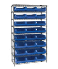Heavy Duty Wire Shelving Starter Rack With Nine Adjustable Levels And Twenty Four Blue Sorting Bins, showcasing an organized garage storage solution.