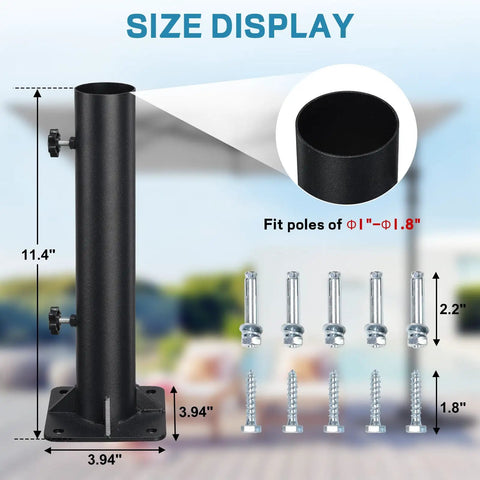 Heavy Duty Patio Umbrella Base Mount For 1 To 1.8 Inch Poles, dimension details with screw set, ideal for decks and concrete.