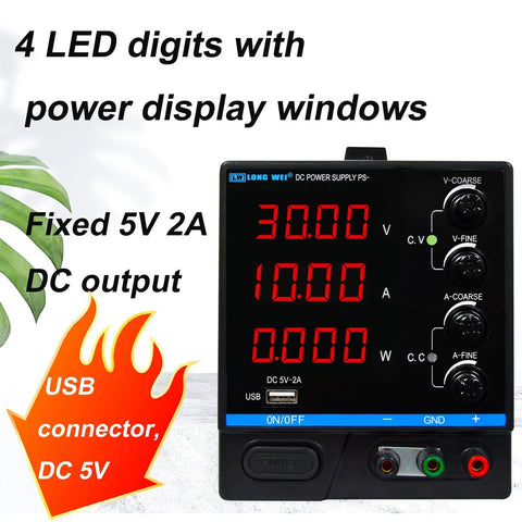 Variable DC Power Supply 0 To 30V 10A Bench Regulated Switching Power Supply With 4 Digit LED Display, front view with labels