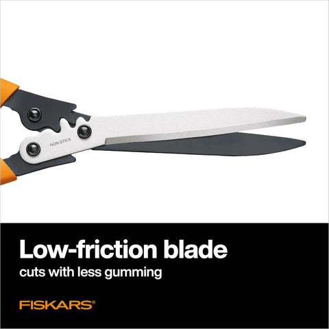Close-up of 23 Inch Hedge Shears With PowerGear2 Technology showcasing non-stick low-friction blade for smooth cutting.