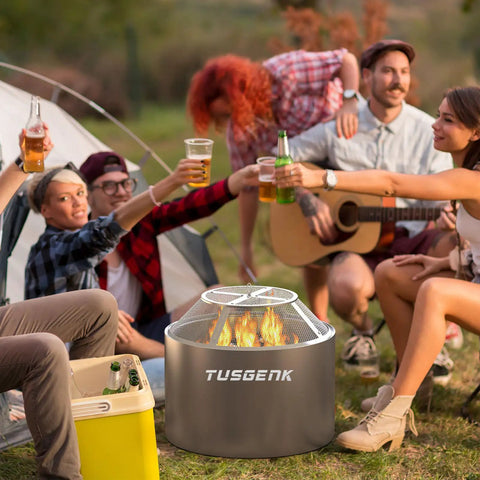 Group around fire pit with 15 Inch Stainless Steel Fire Pit Spark Screen With Detachable Mesh Smokeless Shield And Grill Function