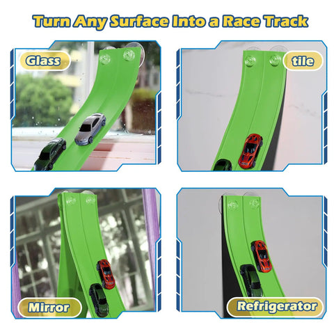 Awesome Flexible Race Track For Kids 3 Plus 15 Foot Roll Up Car Track With Strong Suction Cups on various surfaces with cars