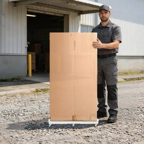Heavy Duty 2000 Lbs Capacity Moving Dolly With 6 Smooth Wheels And 3 Brakes, adjustable telescoping steel mover with a large cardboard box.
