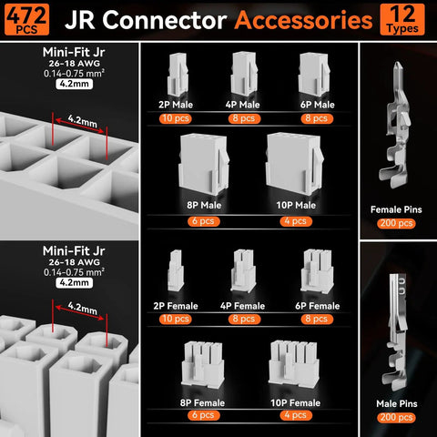 Mini-Fit Jr Crimping Kit Pro Grade with 12 connector types shown, including 2-10 pin Molex 4.2mm, male and female connectors, and terminals.