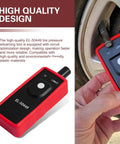 Zero Hassle TPMS Relearn Reset Tool and Tire Pressure Sensor Programmer for Universal Cars Trucks SUVs Clears Dashboard Warning Lights Rock Solid EL-50449 in hand near tire.