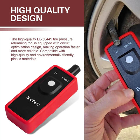 Zero Hassle TPMS Relearn Reset Tool and Tire Pressure Sensor Programmer for Universal Cars Trucks SUVs Clears Dashboard Warning Lights Rock Solid EL-50449 in hand near tire.
