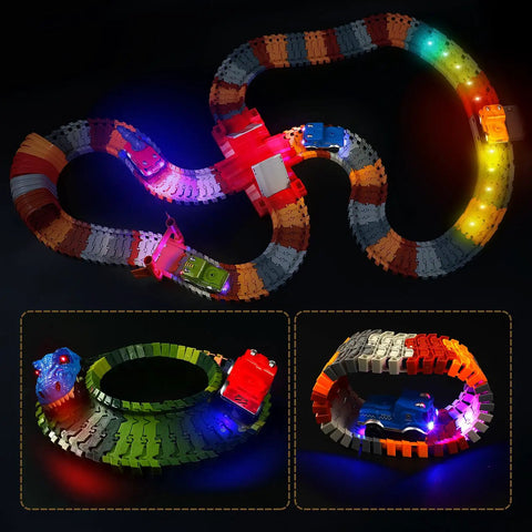 Glow In The Dark Car Track Cars 3 Pack With LED Lights Replacement Track Cars For Kids on illuminated track at night