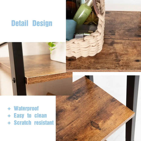Close-up of Dope Industrial Four Tier Freestanding Rustic Bookshelf Plant Stand Storage Rack brown shelf surface details