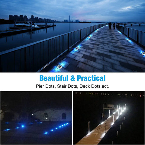 Solar Powered LED Outdoor Lights For Driveway 4 Pack Two Color Switchable White And Blue illuminating a nighttime walkway