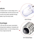 Tough As Nails E10 Screw Base LED Bulbs With Crisp White Glow DC 4.5V 0.25W Miniature Lamps showing dome design and metal base.
