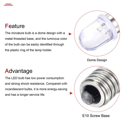 Built Tough E10 Screw Base Led Bulb 12 Vdc 0.25 Watt White Round Top Mini Lamp showing dome design and metal base detail.