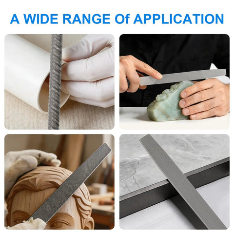 8 Inch Metal File Set 3 Piece Beast Pro Grade High Carbon Steel Hand Files shown on various materials for shaping and deburring.