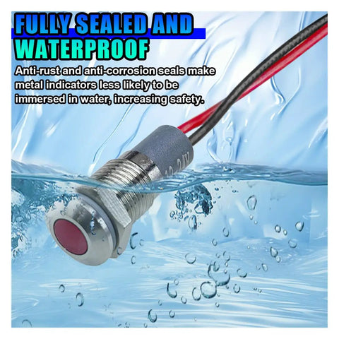 8mm Panel Mount Red LED Indicator Light for 12V 24V Vehicles Low Power Dash Signal Lamp With 8mm Mount Hole and About Five Point Six Six Inch Wires Easy Install for Cars Trucks RVs Boats, waterproof metal body