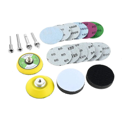 240 Piece Wet And Dry Sanding Discs Kit With Hook Fastener Pad For 1/4 Inch Drill Or 3 Inch Grinder includes sanding pads and foam buffers.