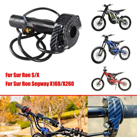 Imitation Carbon Fiber Throttle Handle Kit With Quick Twist Grips And Cable For Electric Dirt Bikes Plug And Play Compatible With Sur Ron X Series X160 X260 Light Bee, showing carbon fiber texture and wiring.