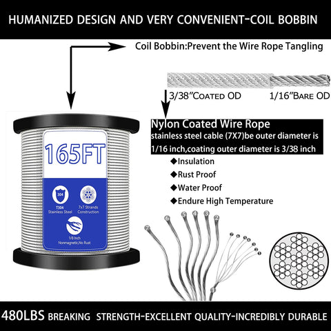 Coil of 7x7 stainless steel wire rope with PVC coating and details on insulation, rust resistance, and durability benefits.
