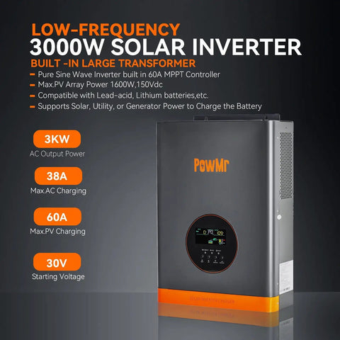 3000W 24V Low-Frequency Pure Sine Inverter with Plug-And-Play Built-In 60A MPPT, 9000W Peak, front view showing display
