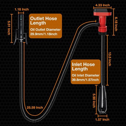 Cordless Fuel Transfer Pump With Auto Stop Portable Spill Free Quick Fill For Fuel Transfer Works With DeWalt 20V And Milwaukee M18 Batteries Great For Lifting Drums And On The Go. Hose size diagram with 25.59 inch inlet and outlet lengths